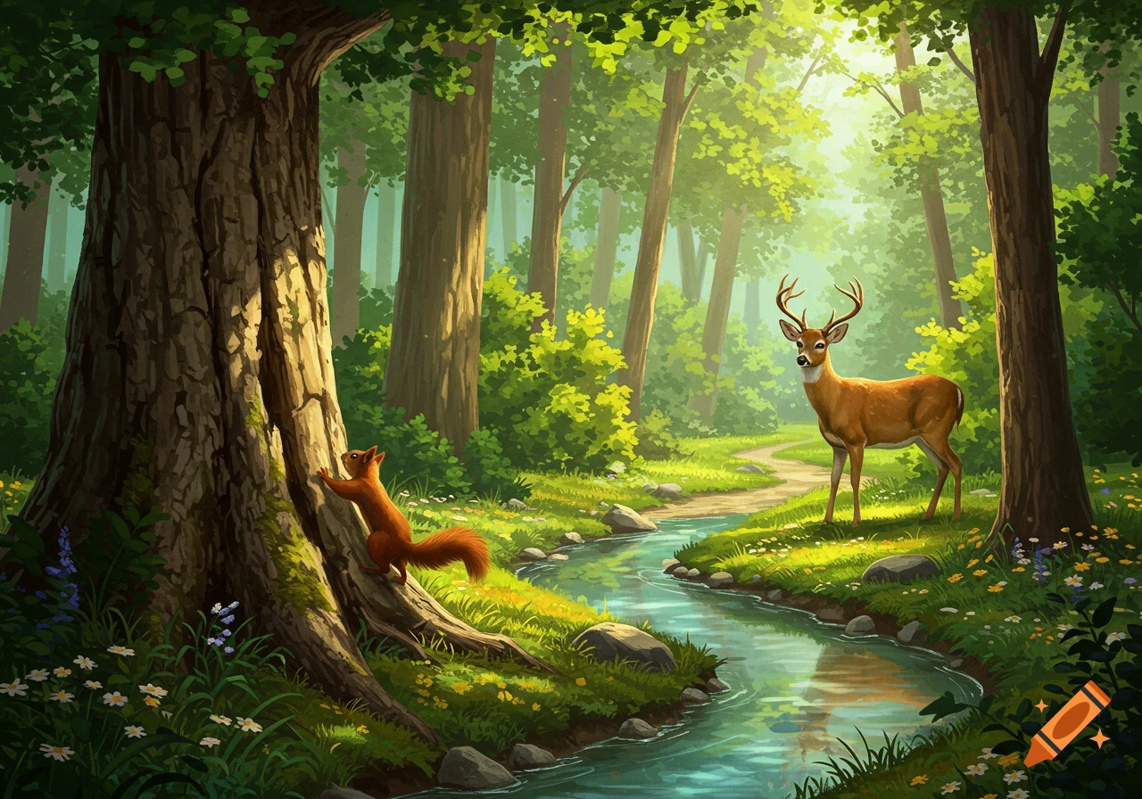 A vibrant illustration of a forest scene with a squirrel climbing a tree and a deer standing by a winding path next to a stream.
