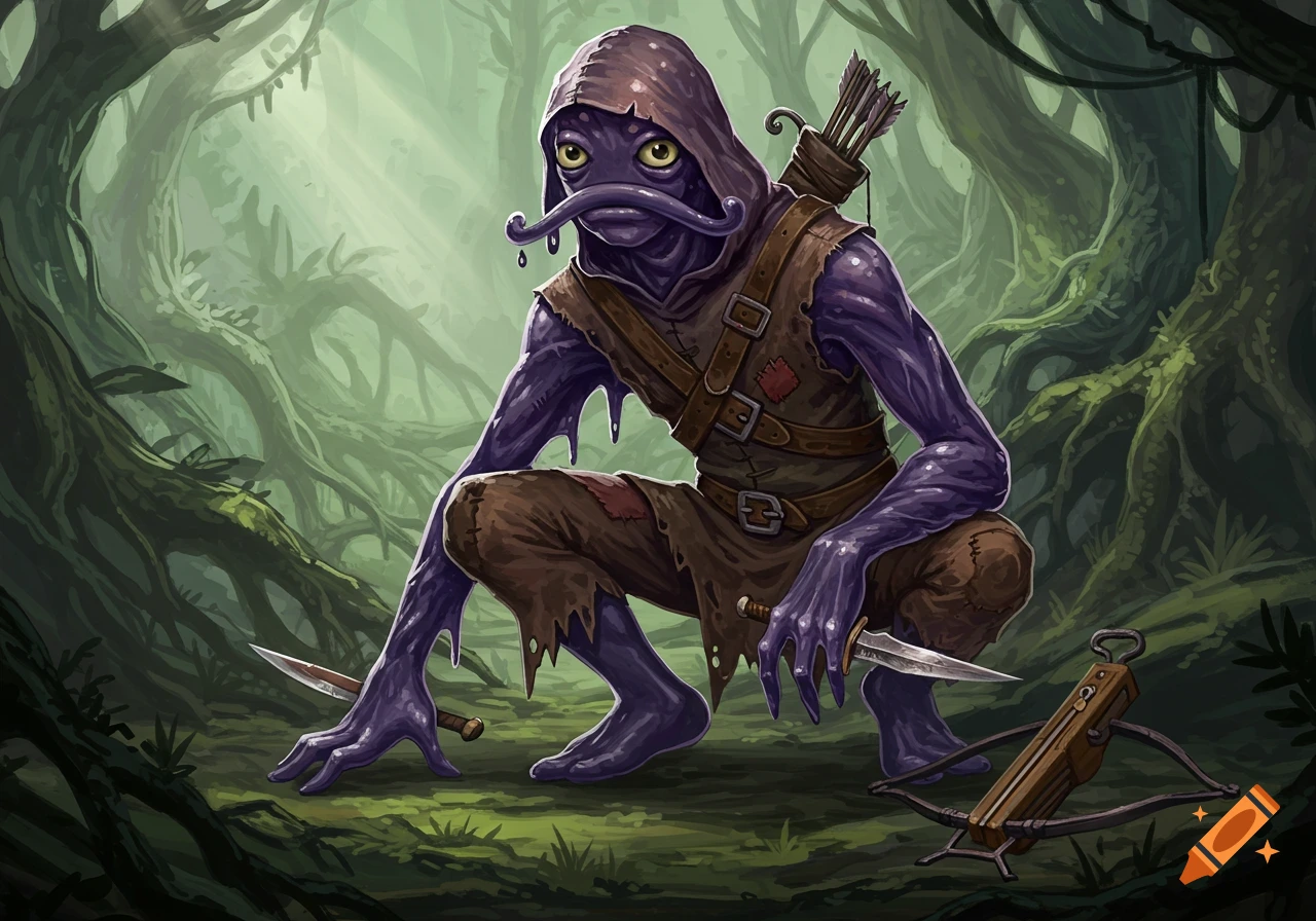 A purple, slime-like creature with a hooded cloak, daggers, and a crossbow squats in a misty forest.