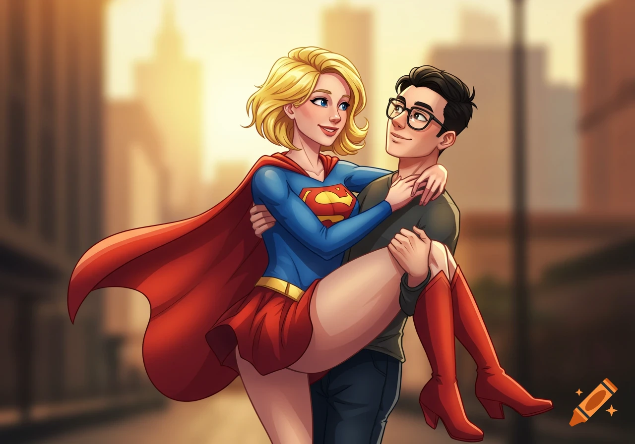 Cartoon illustration of Supergirl in her classic suit carrying a man in glasses bridal style on a city street.