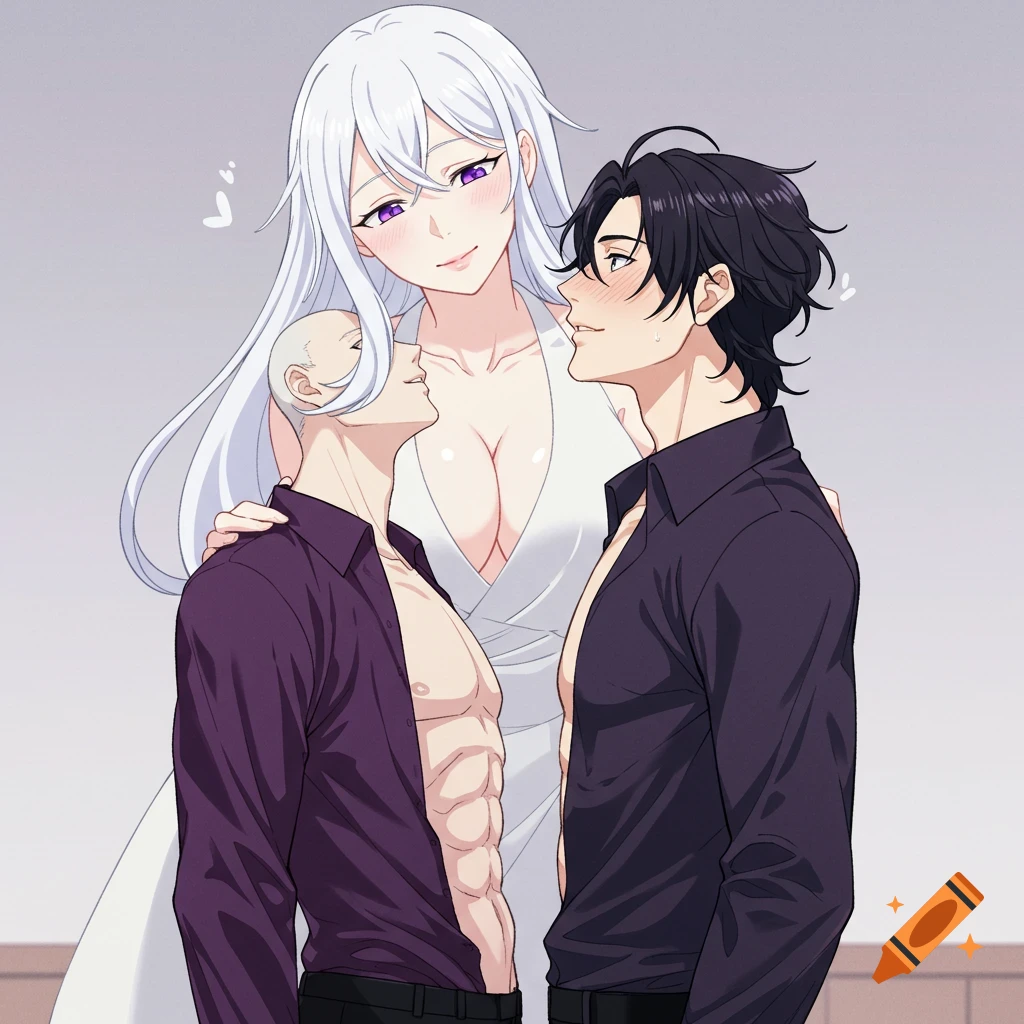 Anime illustration of a white-haired woman in a white v-neck dress looking down at two men with open shirts and exposed chests.