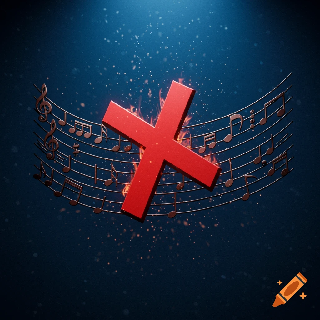 A bold red 'X' symbol set against a backdrop of flowing musical notes on a staff, with fiery sparks emanating from behind the 'X' on a dark blue background.