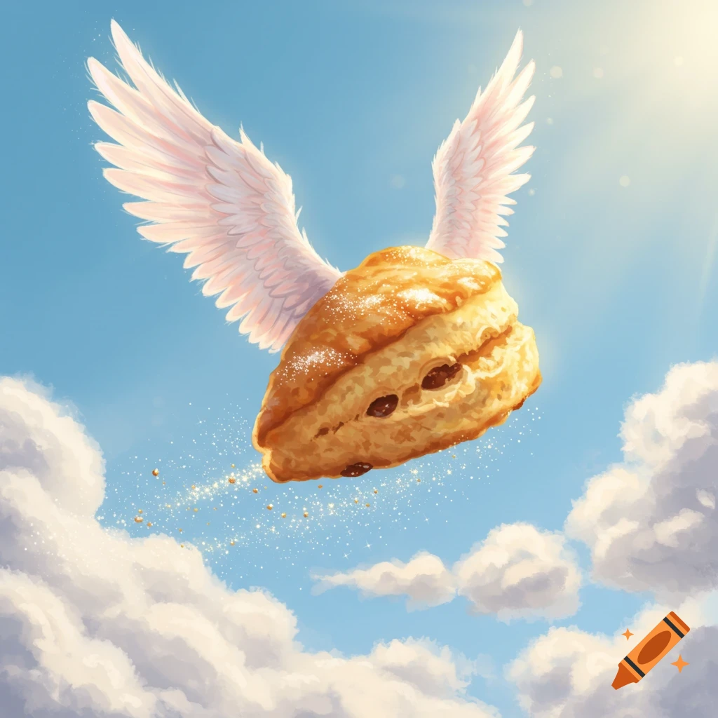 A golden brown scone with white angel wings flies through a bright blue sky with white clouds, sparkling dust trailing behind it.