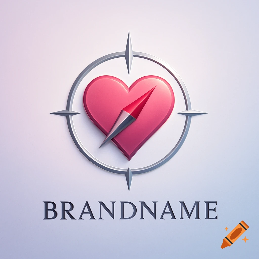A stylized logo featuring a glossy pink heart with a compass needle pointing through it, encircled by a silver ring, above the text 'BRANDNAME'.