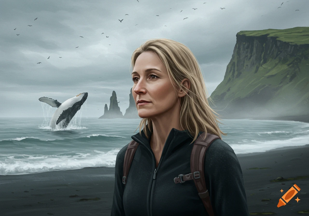 A blonde woman with a backpack stands on a black sand beach in Iceland as a whale breaches in the ocean. Cliffs are in the background.