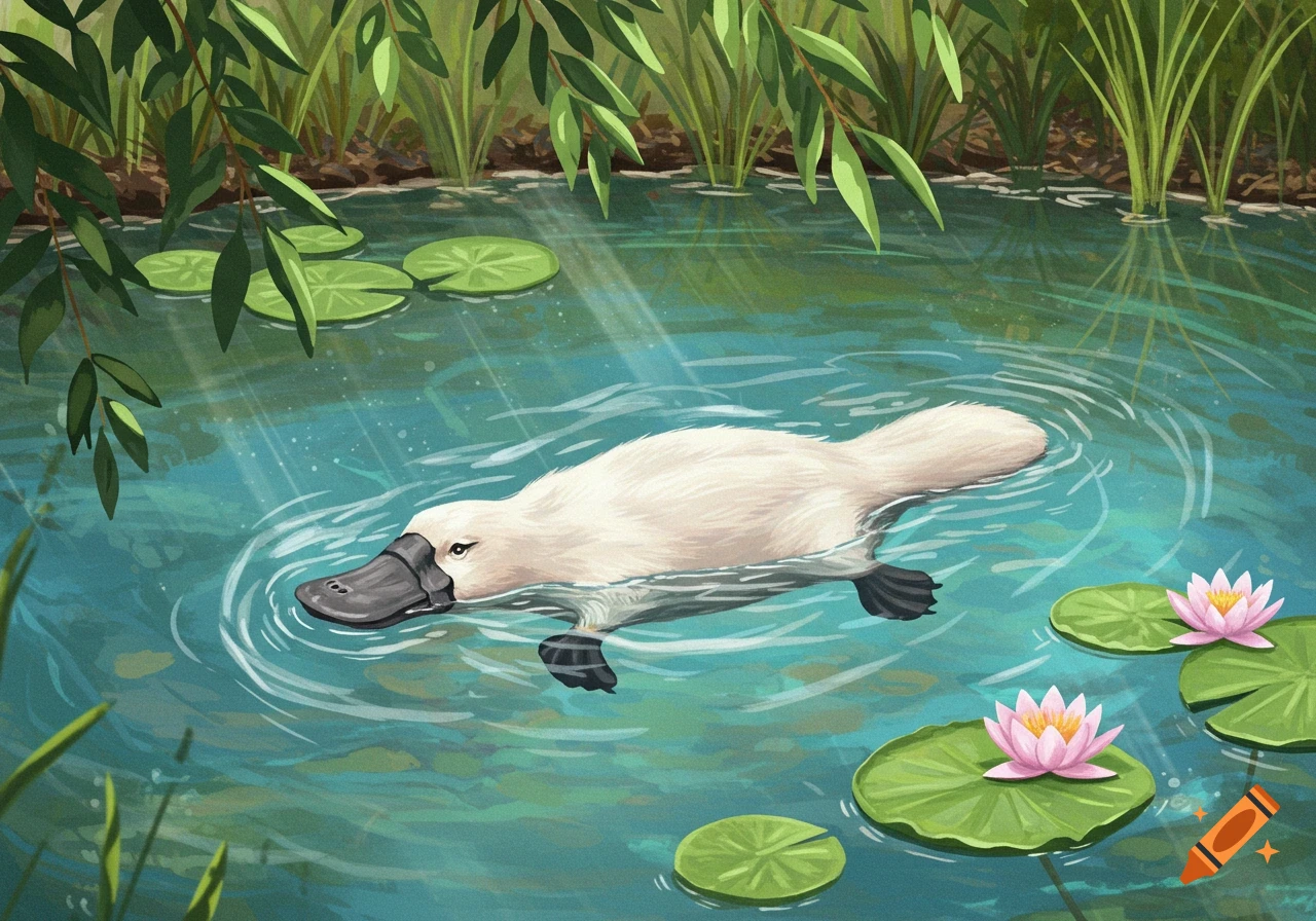 A white platypus swims in a pond with lily pads and green foliage, rendered in a stylized illustration.