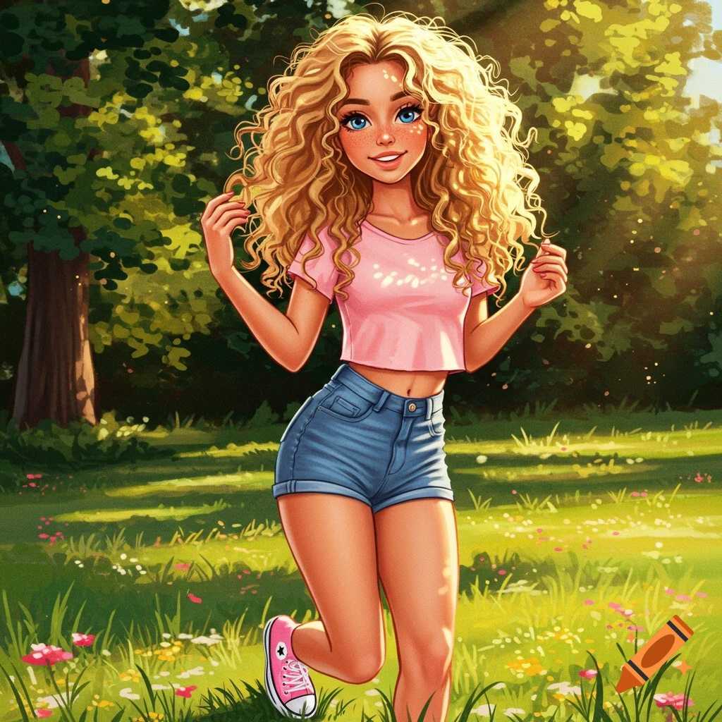 A cartoon girl with blonde curly hair and blue eyes, wearing a pink crop top, denim shorts, and pink converse shoes, stands in a sunny park.