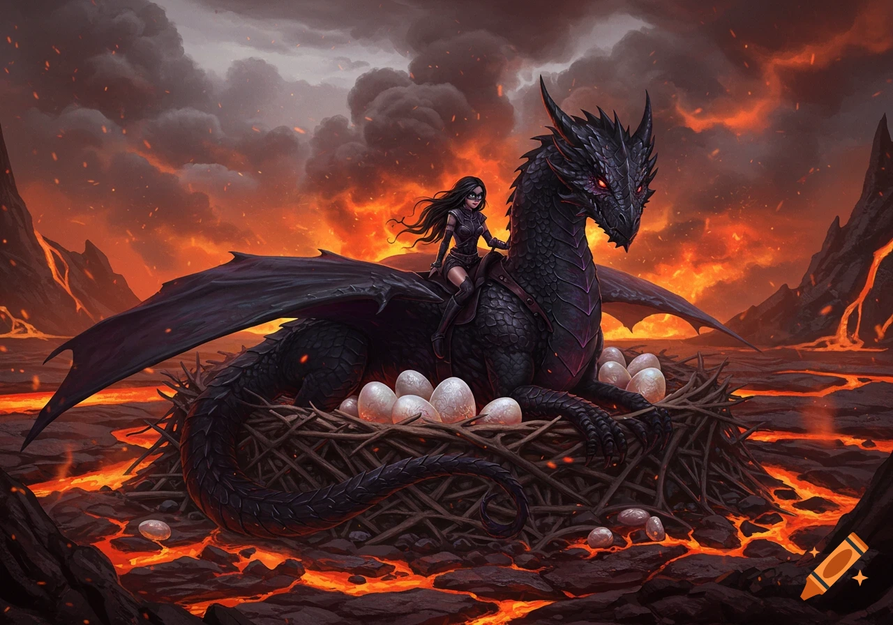 A black dragon with red eyes lies in a nest of eggs amidst a fiery volcanic  landscape, with a girl riding on its back. on Craiyon, image size:1280x896