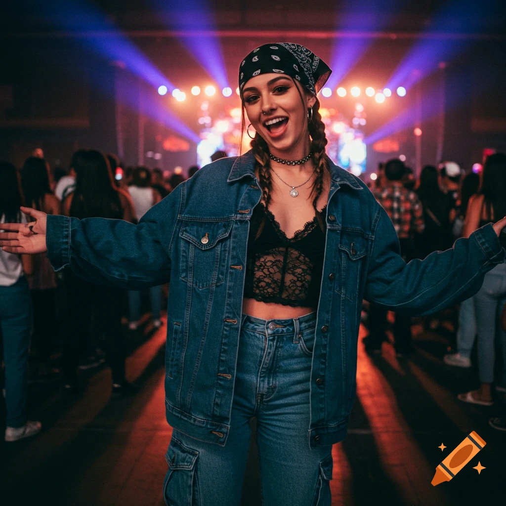 A stylish young woman in a denim jacket and lace top at a lively concert, posing confidently with vibrant stage lights.