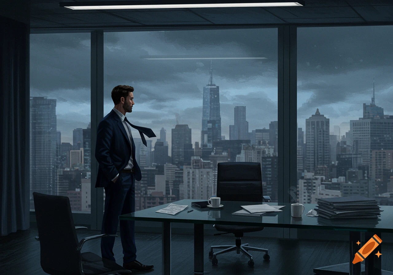 A man in a suit stands by a large window looking out at a city skyline from an office with a desk.
