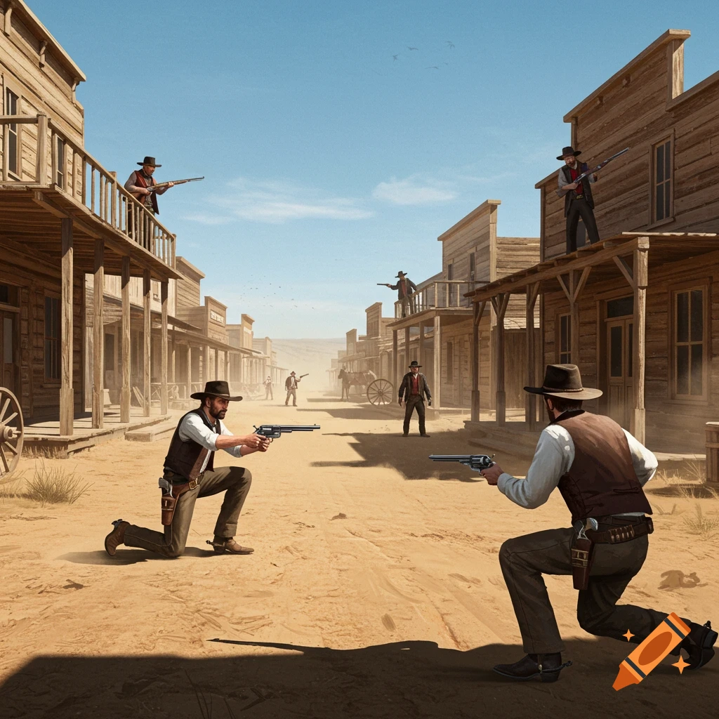 A street in an old western town during a shootout, with cowboys on foot and on balconies aiming revolvers and rifles.