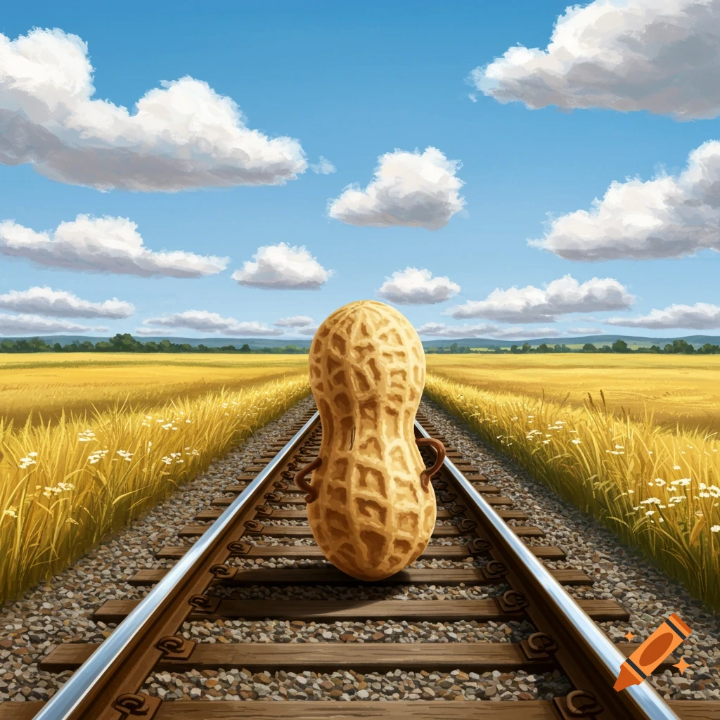A peanut standing on a railroad track in a golden field under a blue sky with white clouds.