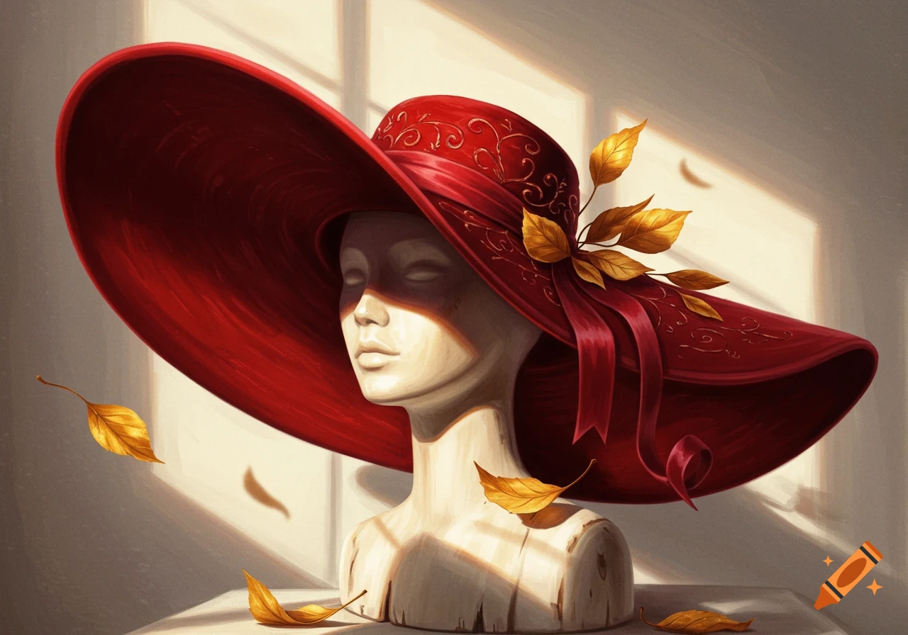 A mannequin head wearing a large red hat with gold leaves, illuminated by sunlight through a window.