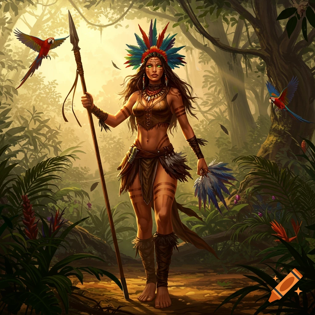 A warrior woman with a feathered headdress and tribal attire stands in a sunlit jungle, holding a spear and feathers, with parrots flying.
