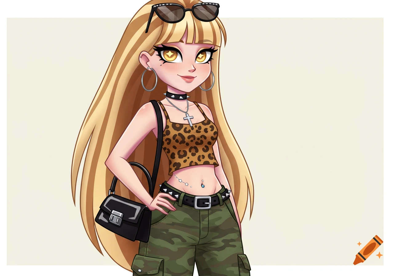 A stylized cartoon character, a young woman with long blonde hair and sunglasses on her head, wearing a leopard print crop top, camouflage cargo pants, and a studded belt, carrying a black handbag.