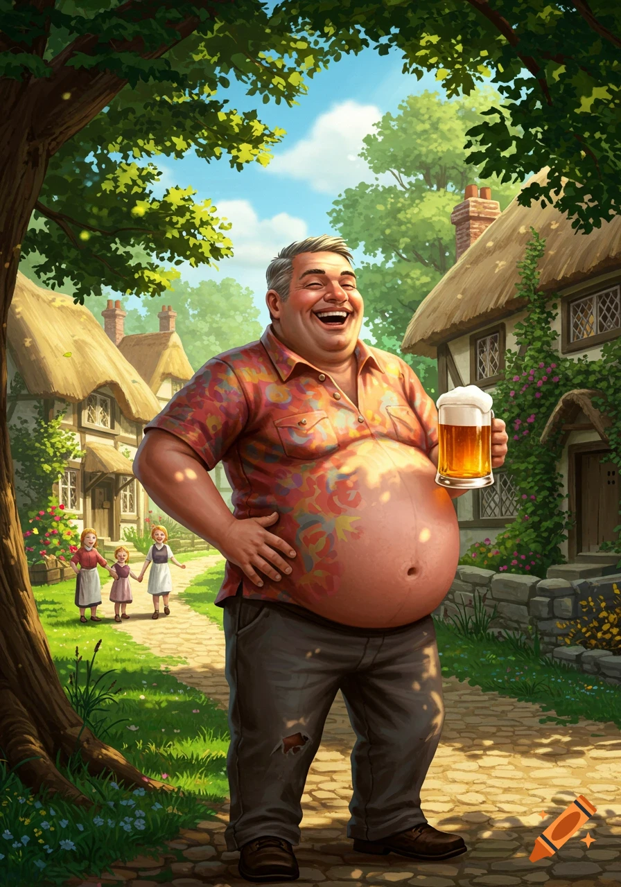 A jovial man with a large belly laughs and holds a beer in a sunny village scene with cottages and two girls in the background.