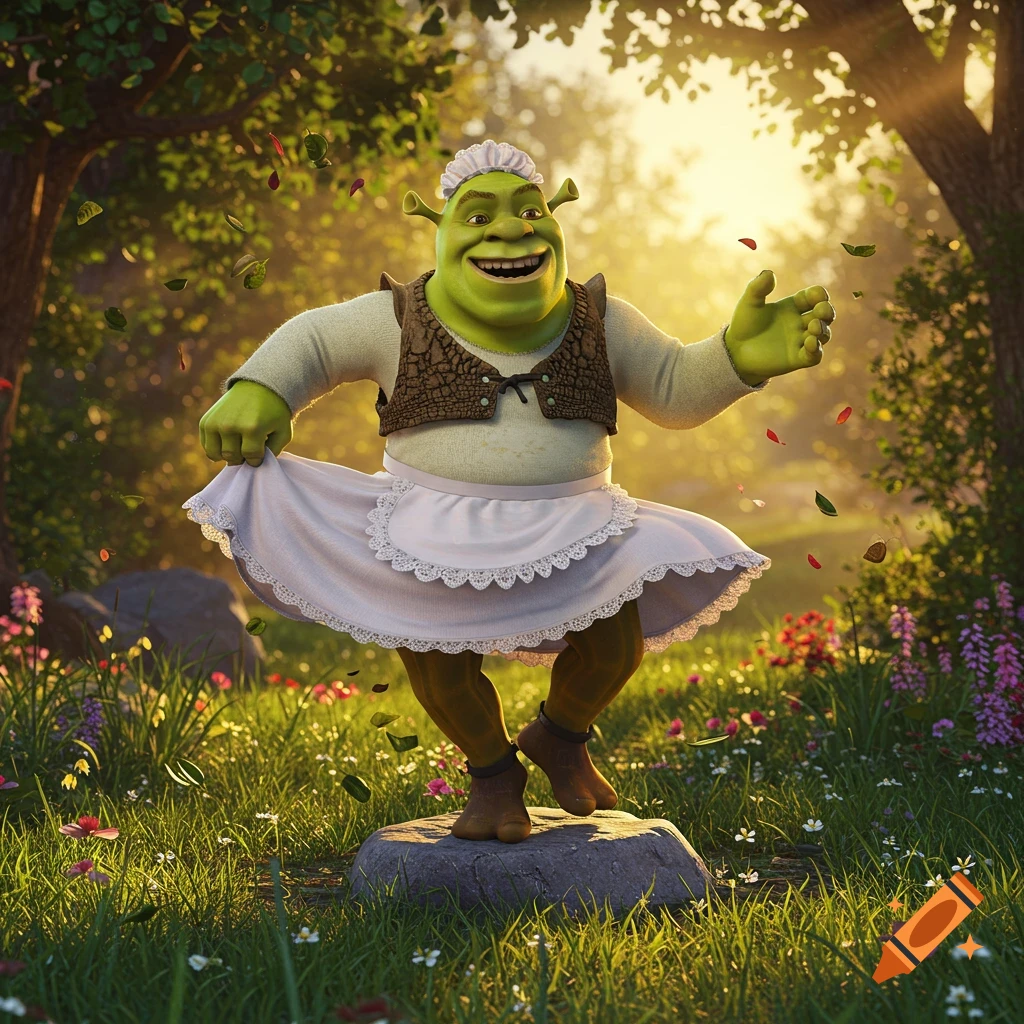 Shrek, wearing a white maid dress and apron, dances joyfully in a sun-drenched forest with leaves falling around him.