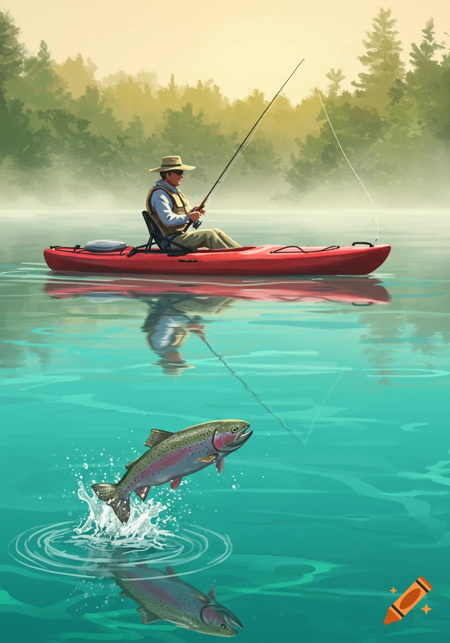 A person in a red kayak fishes on a calm lake, with a rainbow trout leaping from the water in an illustrated style.