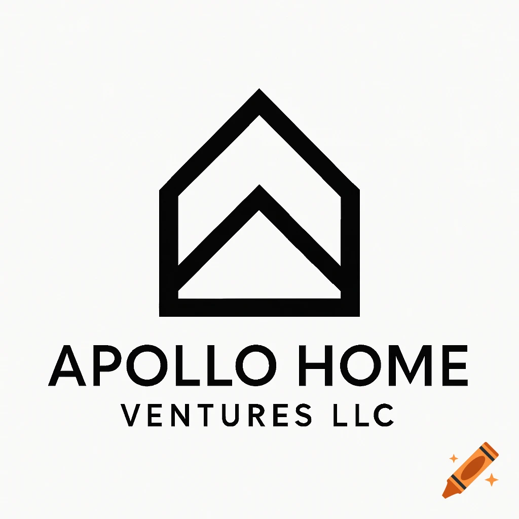 A minimalist black and white logo featuring a stylized house icon above the text "APOLLO HOME VENTURES LLC".