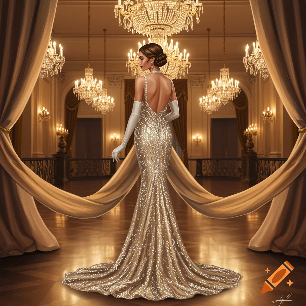 Elegant woman in a sparkling golden gown and white gloves in a grand ballroom with chandeliers.