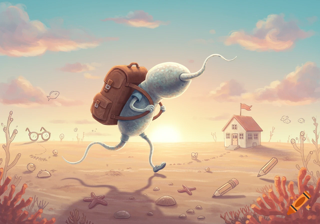 A cartoonish sperm-like creature with a backpack walks through a surreal, sandy landscape towards a small house under a sunset sky.
