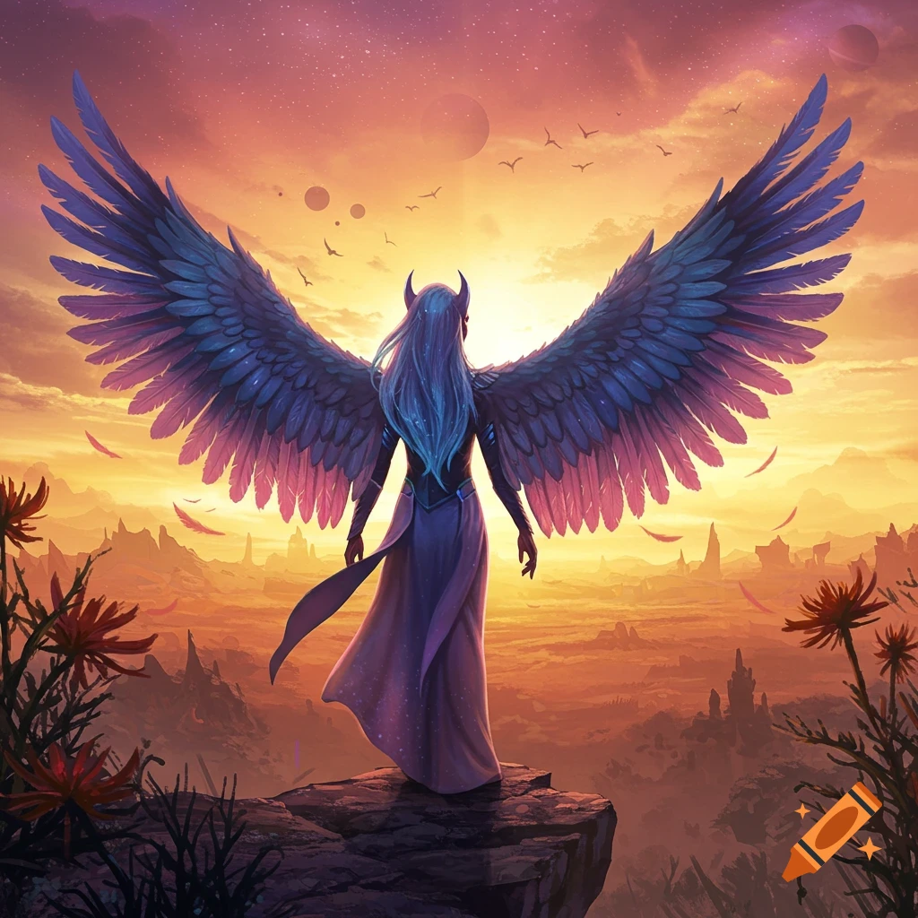 A fantasy woman with large feathered wings and horns stands on a cliff overlooking a vibrant sunset landscape.