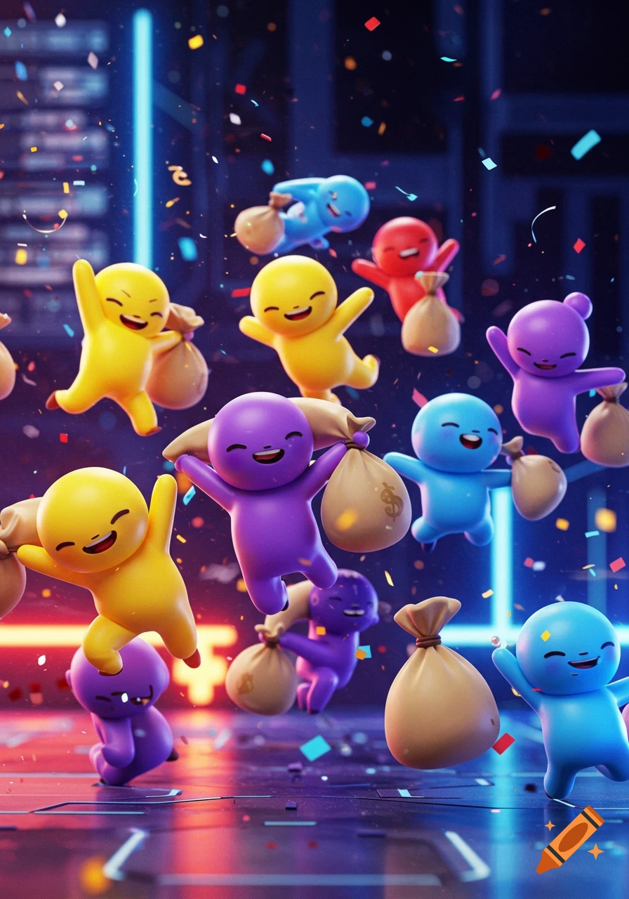 Colorful, happy cartoon-like figures with money bags and confetti falling in a vibrant, futuristic setting.