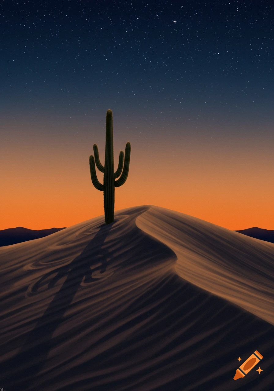 A saguaro cactus stands on a desert sand dune under a starry night sky with an orange sunset glow on the horizon.