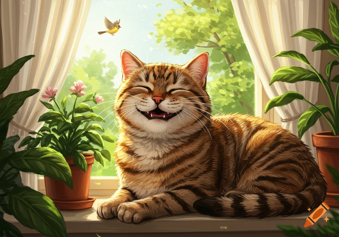 A happy tabby cat with closed eyes and an open-mouthed smile sits on a sunlit windowsill next to potted plants. A bird flies outside the window.