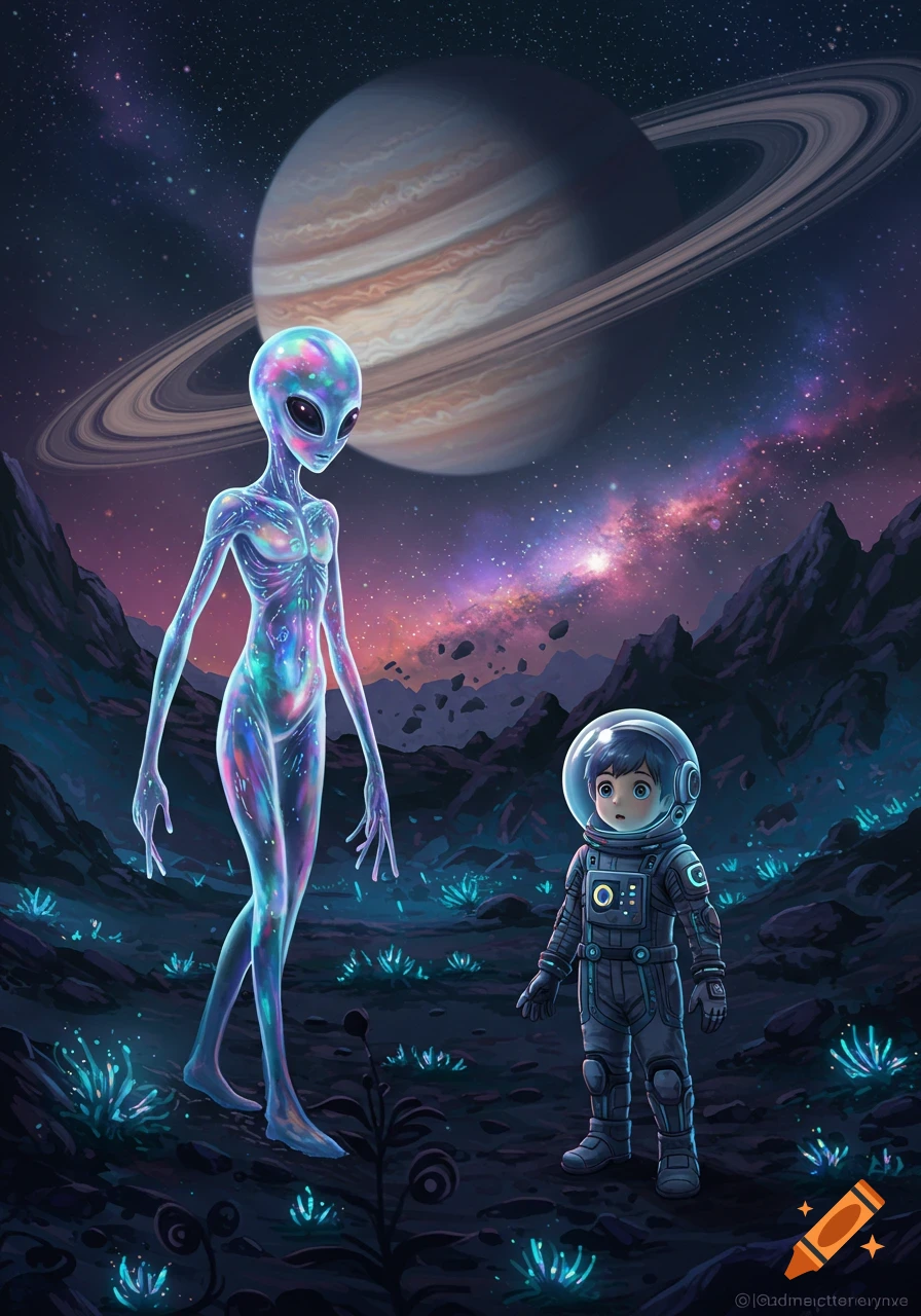 A translucent alien and an anime boy astronaut stand on a glowing alien planet under a starry sky with a large ringed planet.