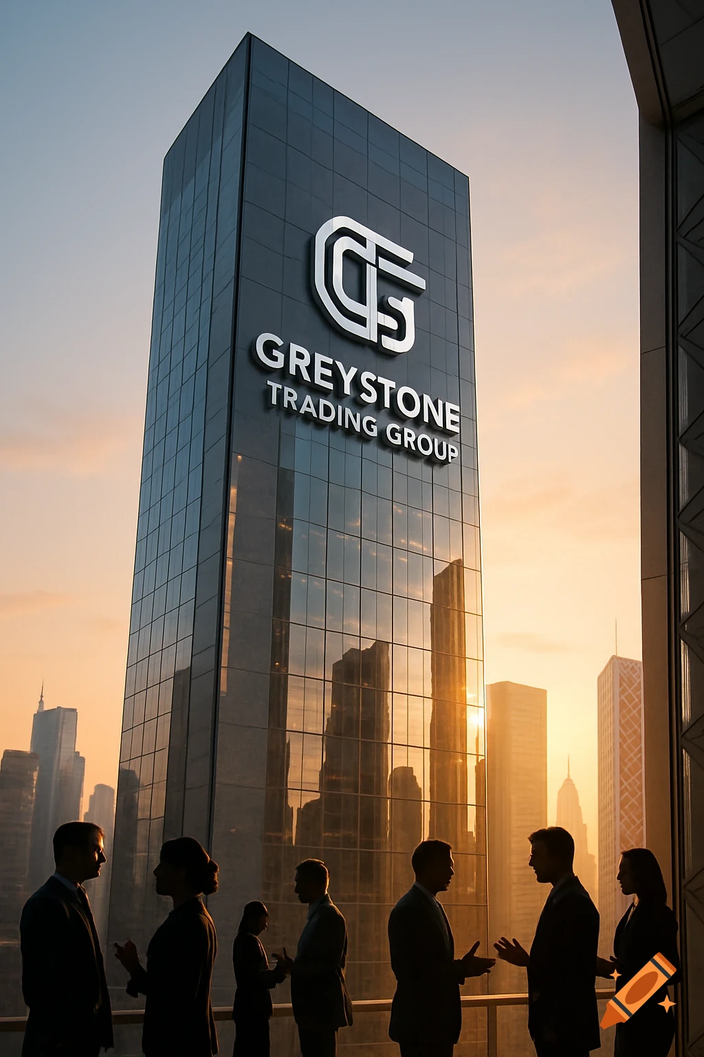 A photorealistic image of a modern skyscraper with 'GREYSTONE TRADING GROUP' on its facade, set against a sunset sky. Silhouettes of business people stand on a balcony in the foreground.