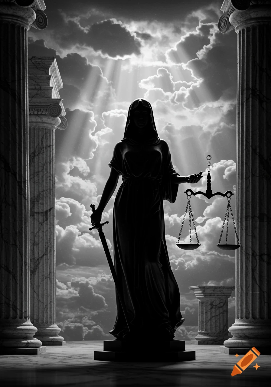 Black and white silhouette of Lady Justice with sword and scales, framed by classical columns under a dramatic, cloud-filled sky.