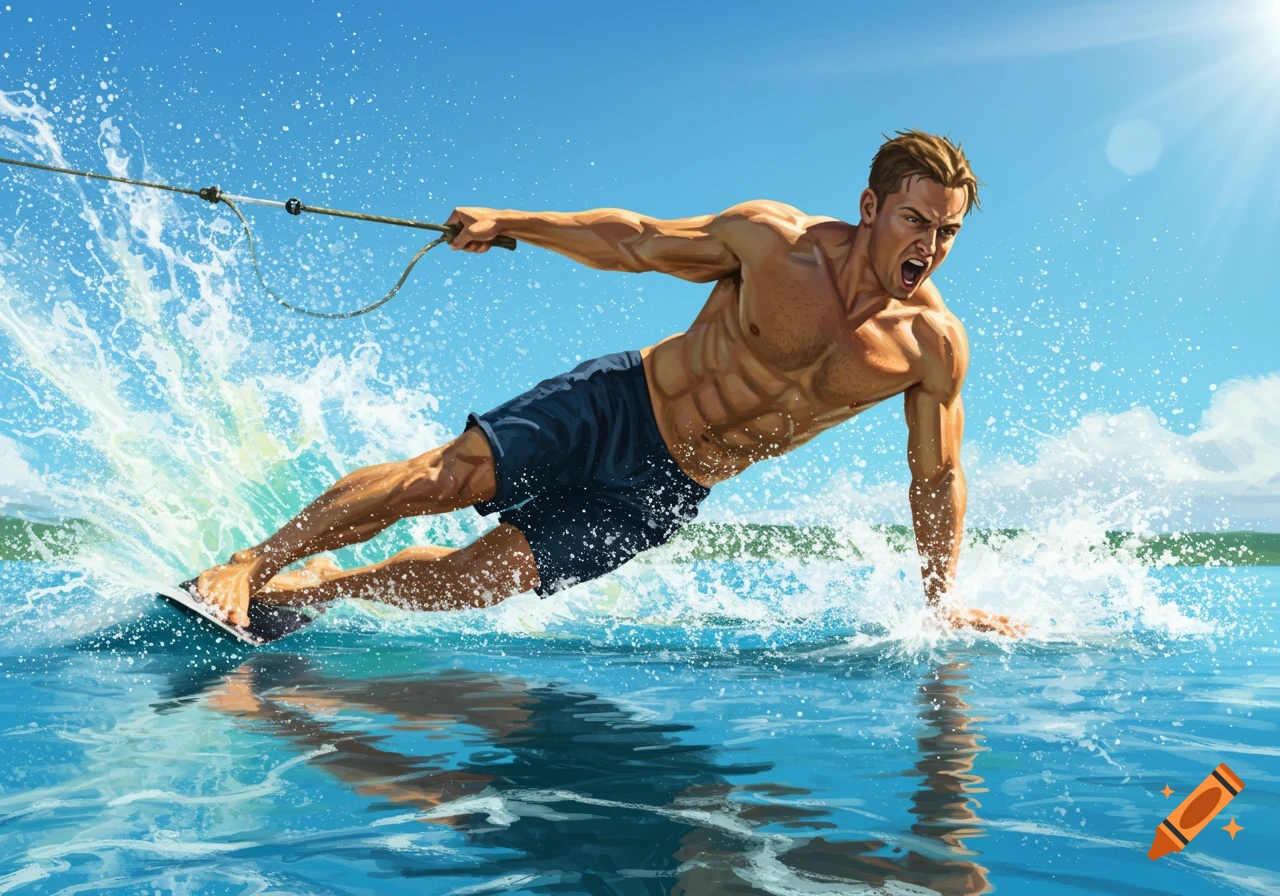 A muscular man wakeboarding, intensely gripping a tow rope as he glides across the water, creating a large splash under a bright sun.
