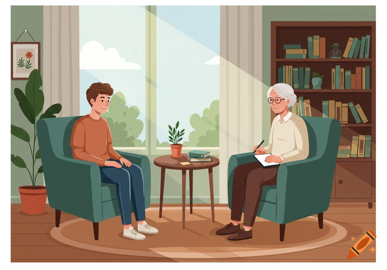 Vector illustration of a young man and an older woman sitting in armchairs during a therapy session in a bright office.