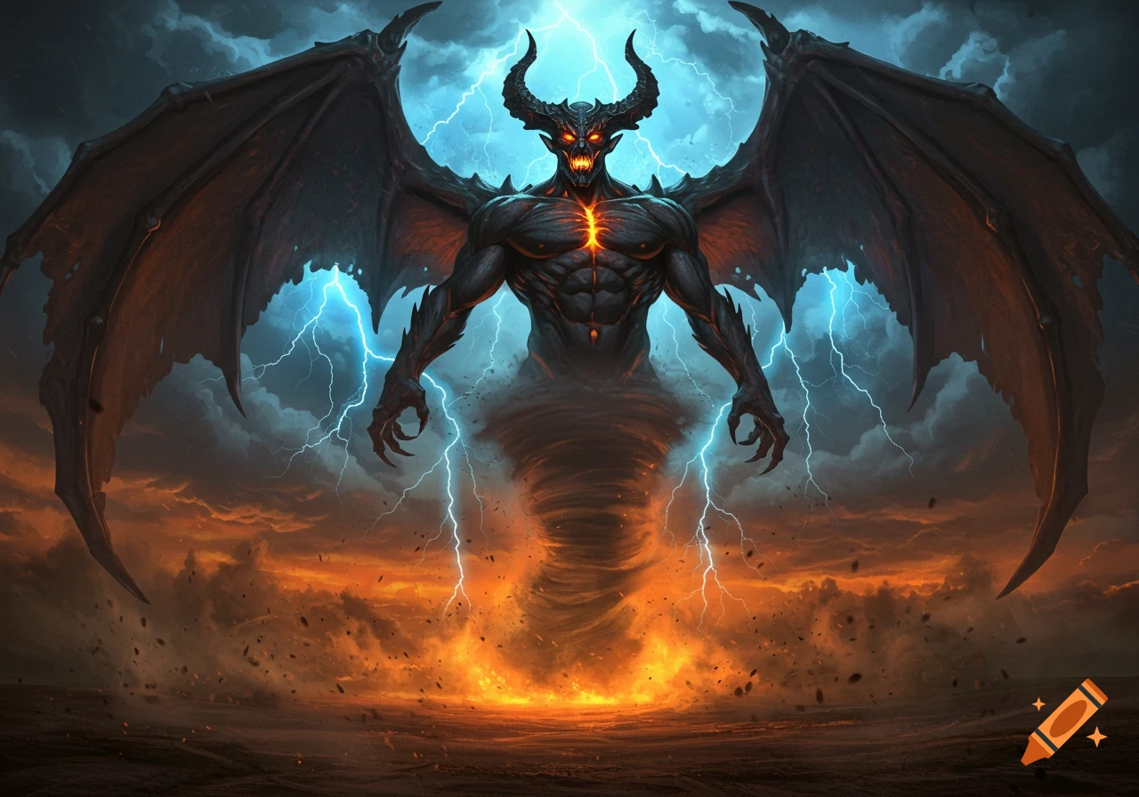A powerful, horned demon with large wings and glowing chest stands atop a fiery tornado amidst lightning and stormy skies.