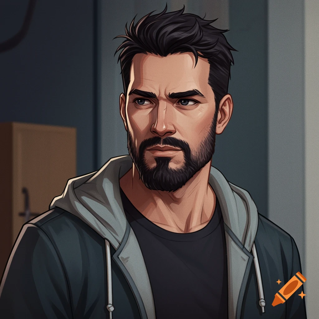 A man with a black beard and messy hair, wearing a grey hoodie and black t-shirt, in the style of Invincible.