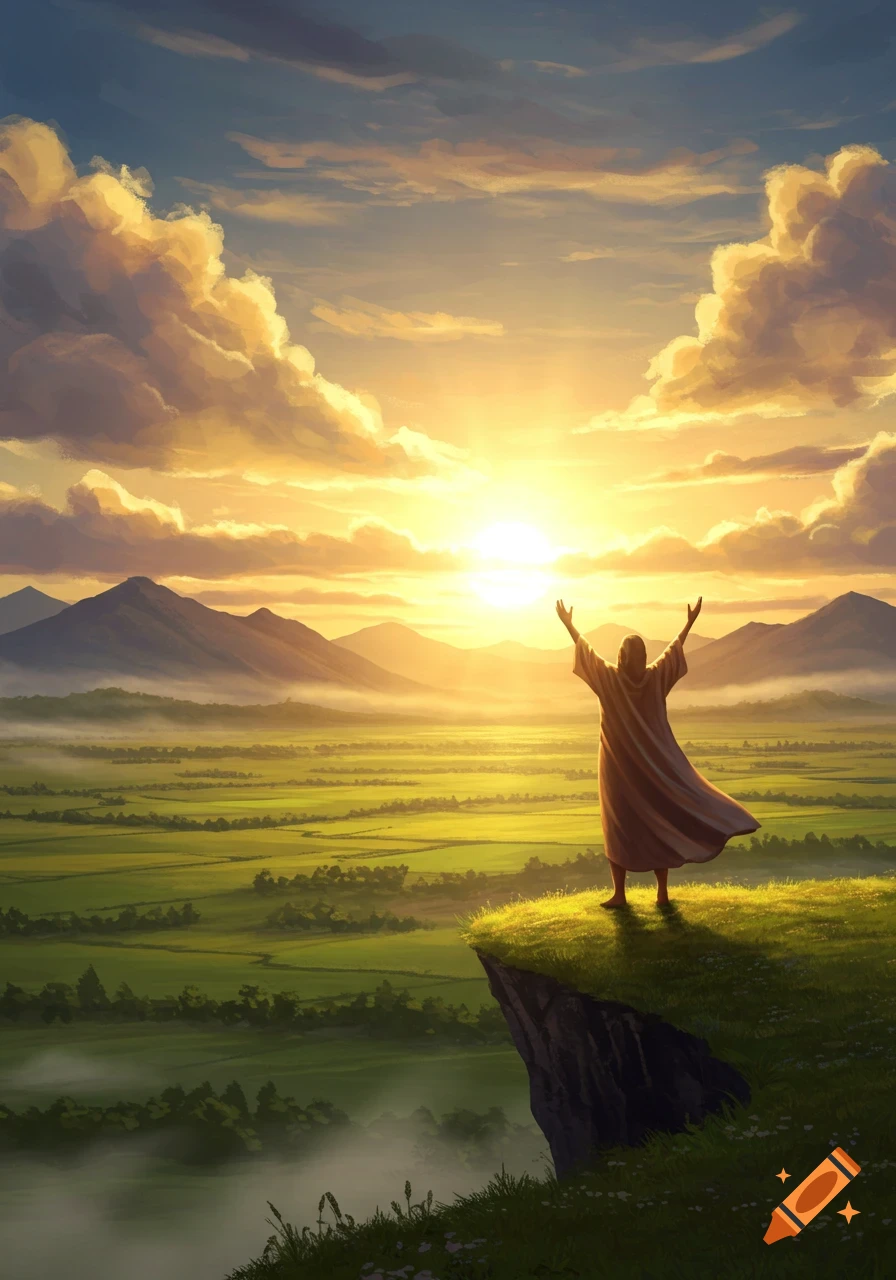 A cloaked figure stands on a cliff edge with arms raised, facing a vibrant sunrise over a vast green valley and mountains in a stylized painting.