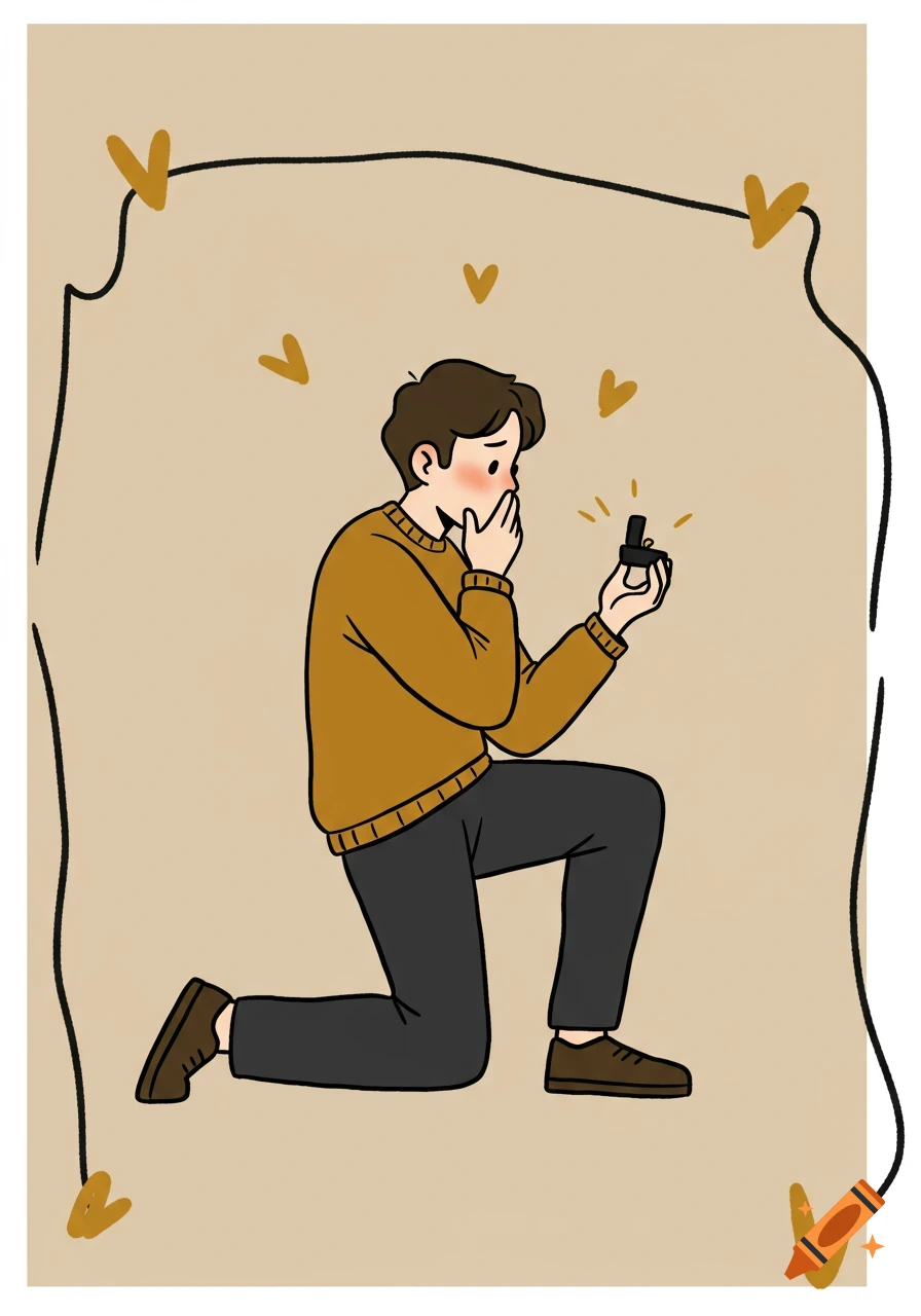Minimalist sketch illustration of a man kneeling with a ring, covering his mouth in surprise, with floating hearts.