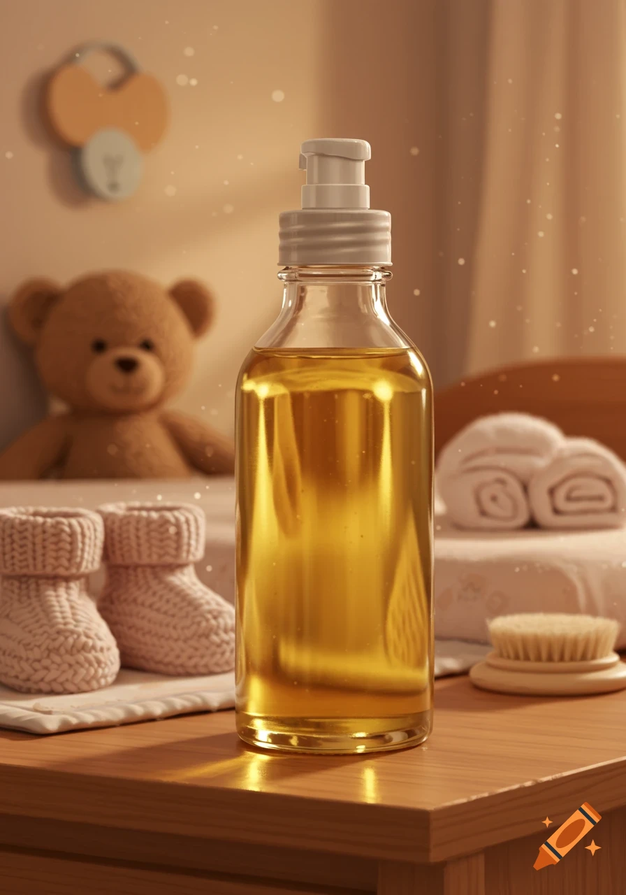 A photorealistic image of a baby oil bottle with a teddy bear, knitted booties, and rolled towels in a softly lit nursery background.