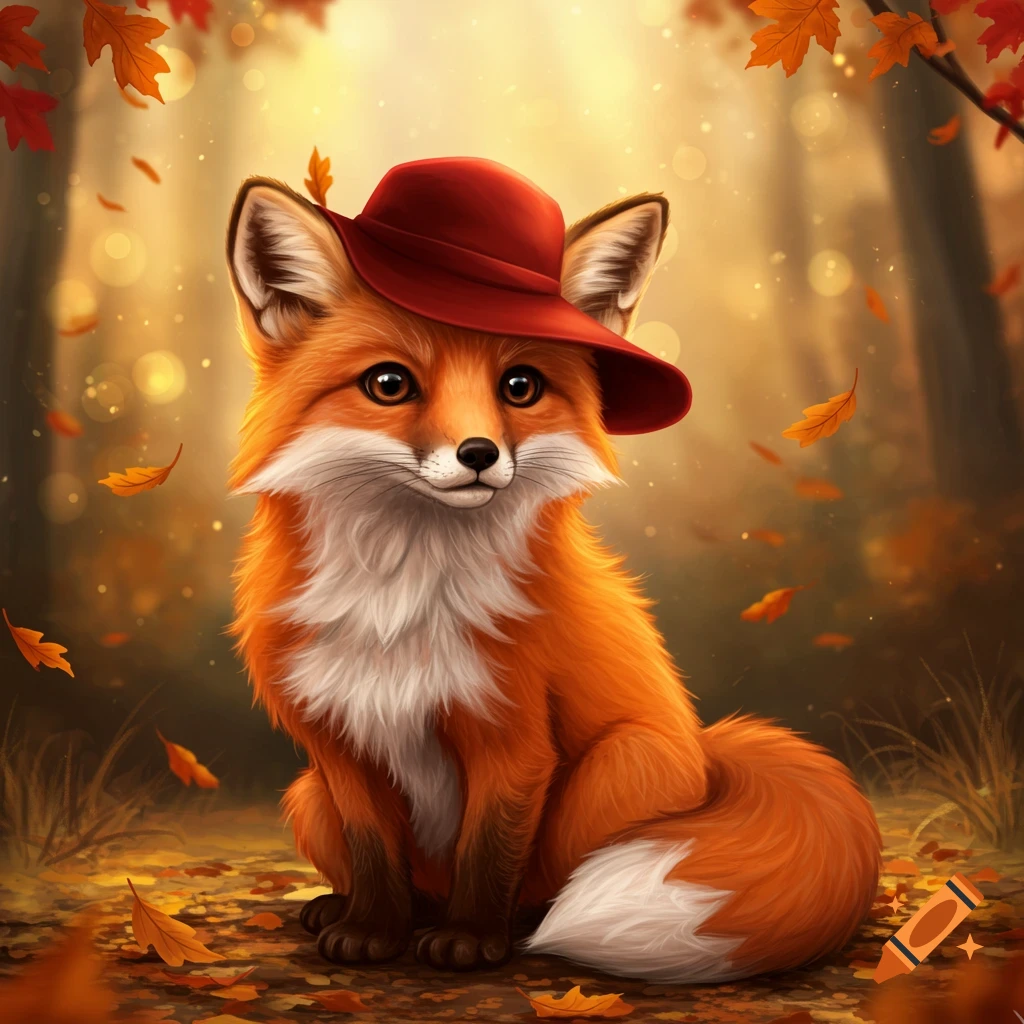 A cute fox wearing a red hat sits in an autumn forest with falling leaves and glowing lights in the background.