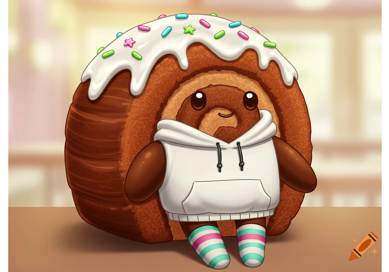 A cute cartoon chocolate swiss roll character with white icing and sprinkles wears a white hoodie and striped socks.