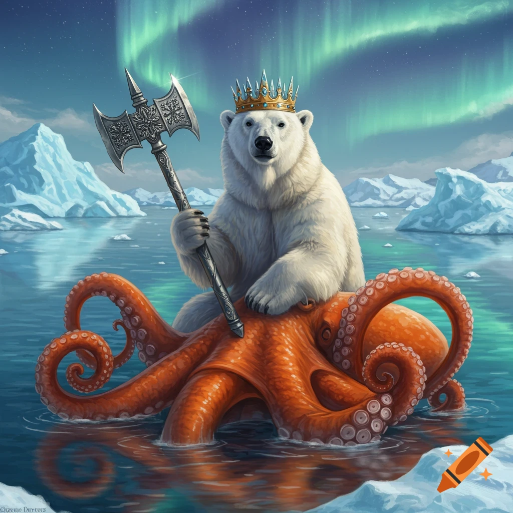 A majestic polar bear wearing a golden crown and holding a battle axe rides an orange octopus through icy arctic waters under a vibrant aurora borealis.