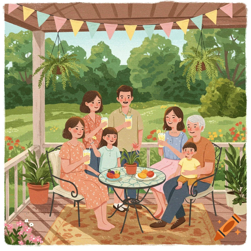 A multi-generational family sitting on a porch with drinks and fruit, surrounded by a garden, in a cartoon illustration style.