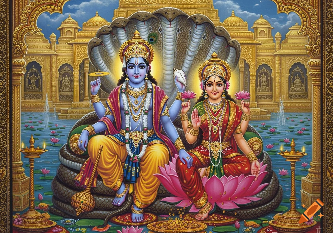 Vibrant traditional Hindu painting of Lord Vishnu and Goddess Lakshmi seated on a serpent and lotus, in a golden palace.