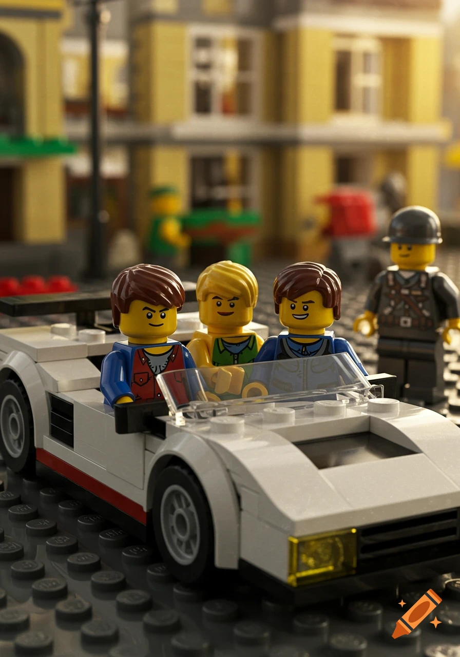 Three Lego minifigures in a white sports car talking to a Lego soldier on a city street.