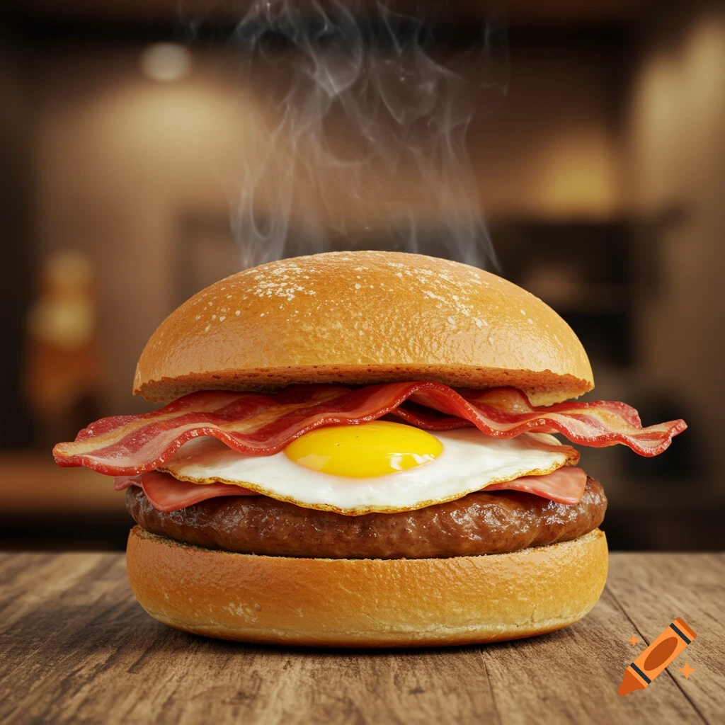 A steaming bacon, fried egg, and sausage patty sandwich on a bun, resting on a rustic wooden table.