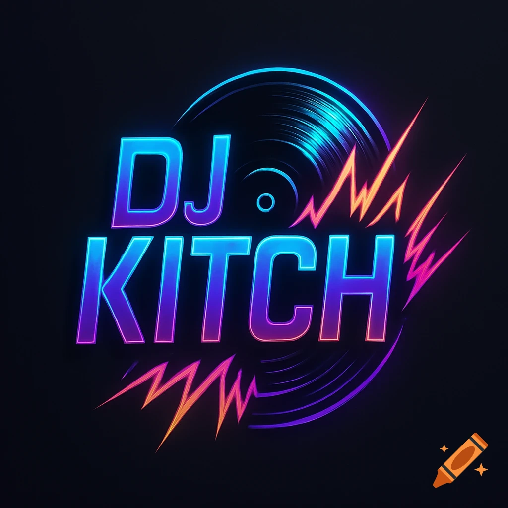 A modern DJ logo with neon blue and purple text 'DJ KITCH', a glowing vinyl record, and orange and pink sound waves on a dark background.