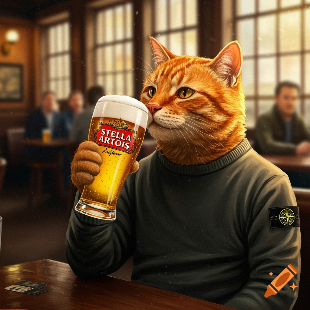 A ginger cat in a Stone Island jumper holds a glass of Stella Artois beer in a pub.