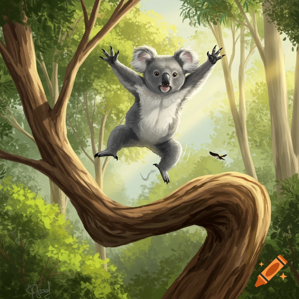 A cartoonish koala with arms outstretched, jumping from a tree branch in a sunlit forest.