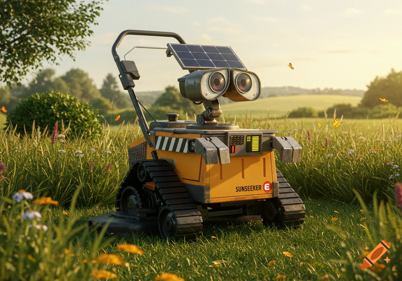 A photorealistic yellow robot resembling Wall-E, with a solar panel and tank treads, stands in a vibrant green field with wildflowers and butterflies.