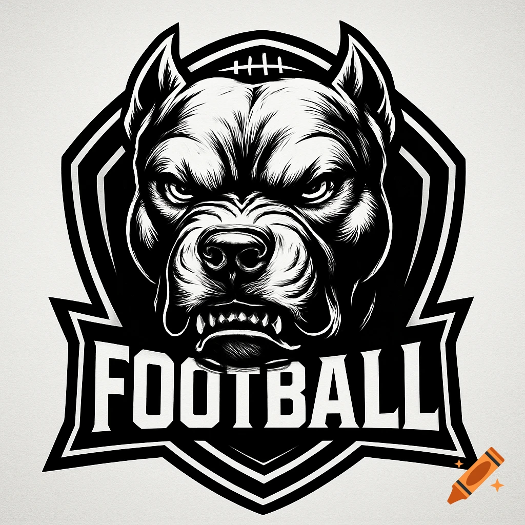 Black and white logo of an angry pitbull head with the word FOOTBALL underneath, set against a white background.